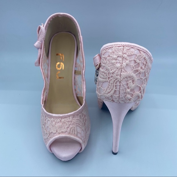 Pink Lace heels Peep Toe Rhinestone Platform Shoes - Picture 7 of 12